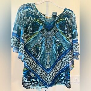 ONE WORLD Blue and Black Patterned Blouse